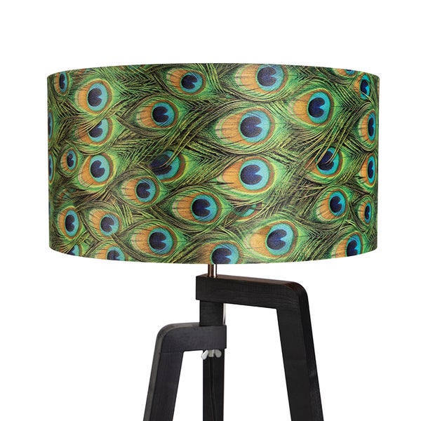 Stehleuchte mit Pfauenfeder Muster und schwarzem Holzfuß