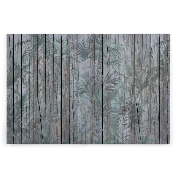 Fototapete mit Holzdielenoptik und Farn- sowie Palmenblattmotiven