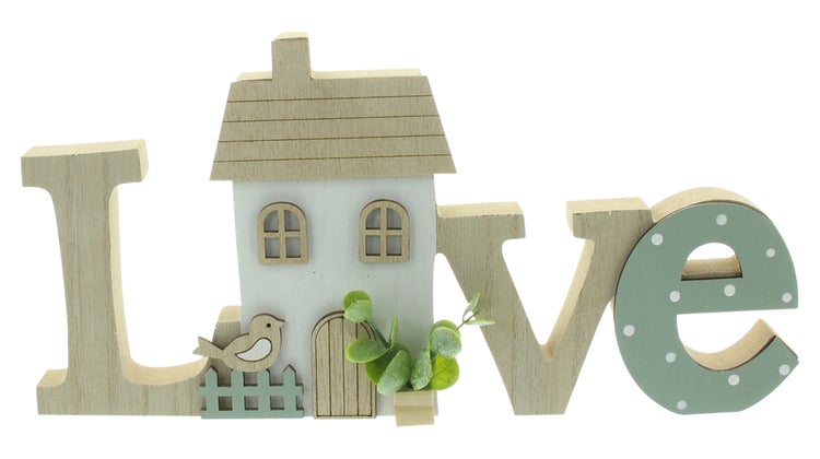 FRANK FLECHTWAREN|Schriftzug Love mit Häuschen, 30 x 2 x 15 cm, MDF, KUNSTSTOFF