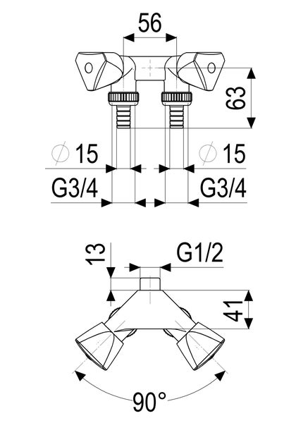 Technische Zeichnung eines Y-Verteilers mit Maßangaben in Millimetern, G 3/4 und G 1/2 Gewinden sowie einem 90-Grad-Winkel.