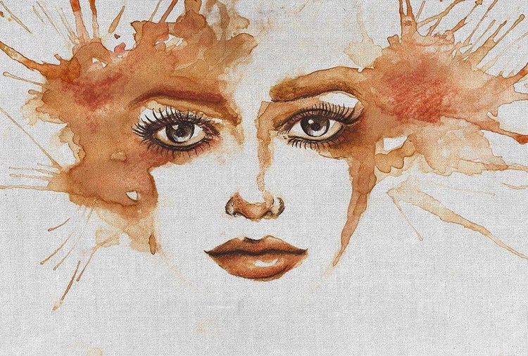 Leinwandbild mit abstraktem Frauengesicht in brauner Aquarell-Optik, Fokus auf Augen und Lippen mit Farbspritzern.