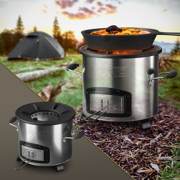 BBQ#BOSS Raketenofen mit 3-tlg. Gusseisen Pfannenset, Silber, Edelstahl Campingofen, Campingkocher Holz, Camping BBQ Holzofen zum Kochen, Outdoor-Küche Raketenherd Campinggrill Rocket Stove Dutch Oven