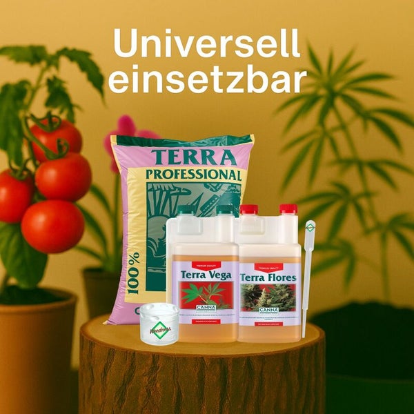 Universell einsetzbares Pflanzenzucht-Set mit Terra Professional Erde, Canna Terra Vega und Terra Flores Dünger, Pipette und Weedness Logo.