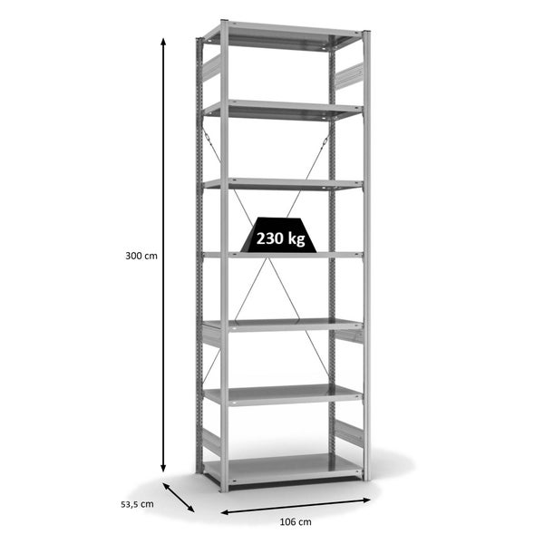 PROREGAL Fachbodenregal Stecksystem T-Profil Medium-Duty Grundregal HxBxT 300 x 100 x 50 cm 7 Ebenen Fachlast 230 kg Einseitig Nutzbar Verzinkt