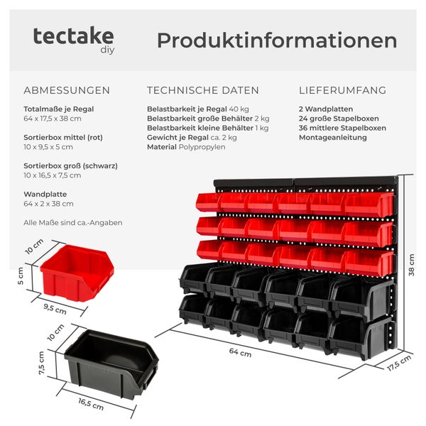 2er Set Wandregal Stapelboxen tectake  2 stabile Wandplatten mit je 64 x 38 x 17,5 cm 62-teilig schwarz