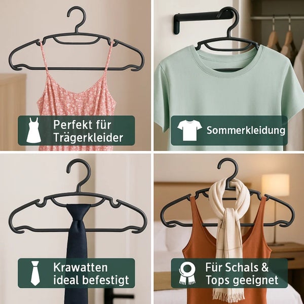 Kleiderbügel mit Sommerkleidung, Trägerkleid, Krawatte und Schal