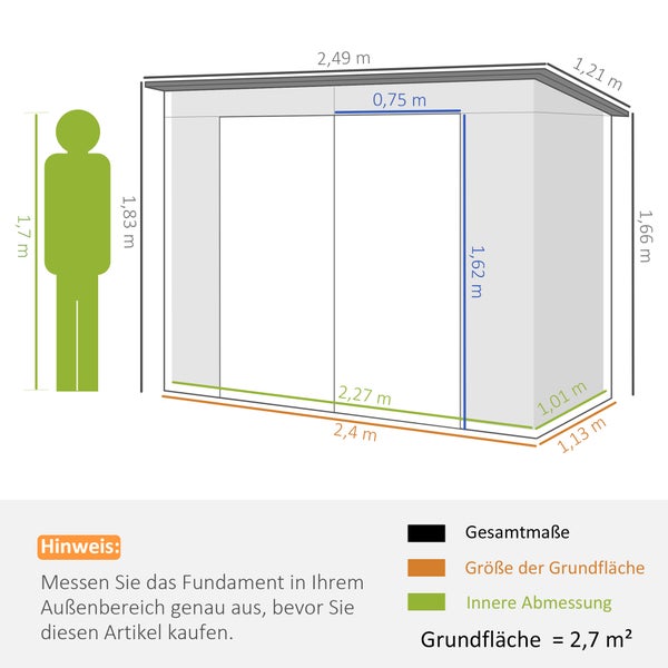 Outsunny Gerätehaus 4,1m³, Metall Gartenhaus mit Pultdach, 249 x 121 x 166/183 cm, Einfach Montage Geräteschuppen mit Abschließbar Doppeltüren, Fenster, Fahrradgarage, Gartenschrank für Garten, Grün