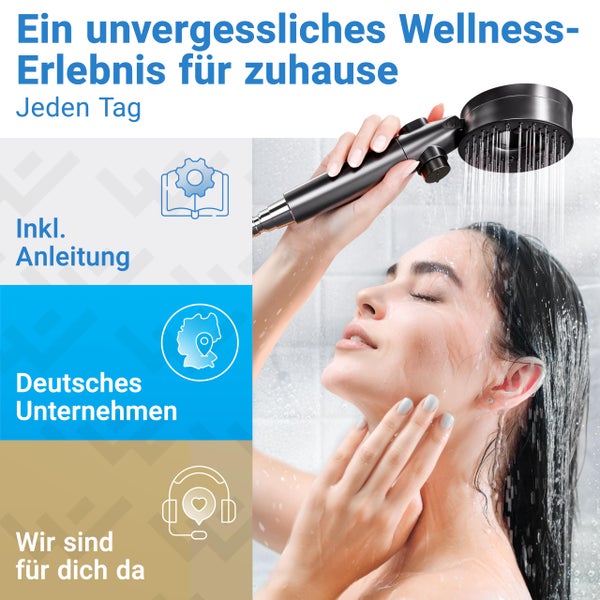 Frau unter der Dusche mit schwarzer Handbrause, inklusive Anleitung, deutsches Unternehmen und Kundenservice-Symbolen.