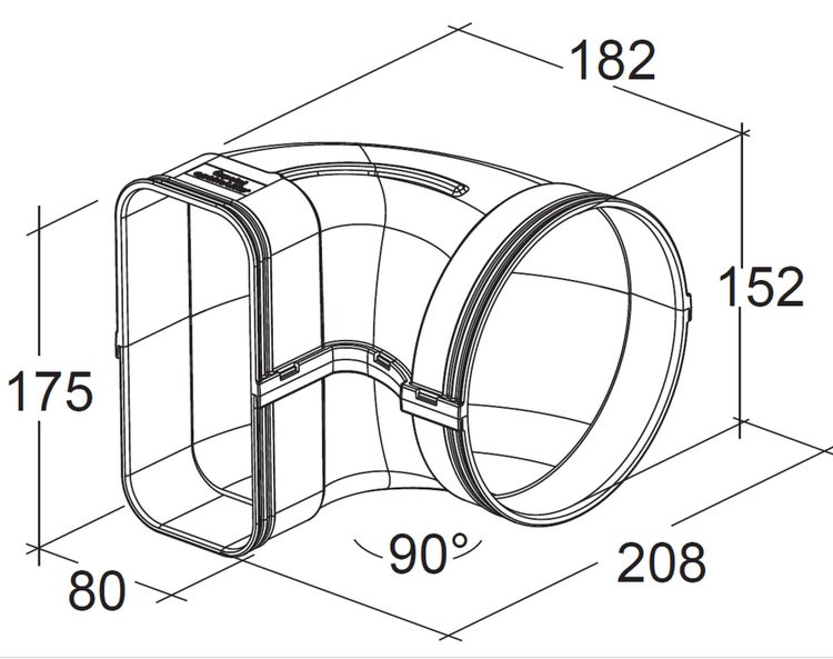 Technisches Diagramm eines 90 Grad Winkelstücks als Lüftungskanal Übergang von flach auf rund mit Bemaßung in Millimetern.