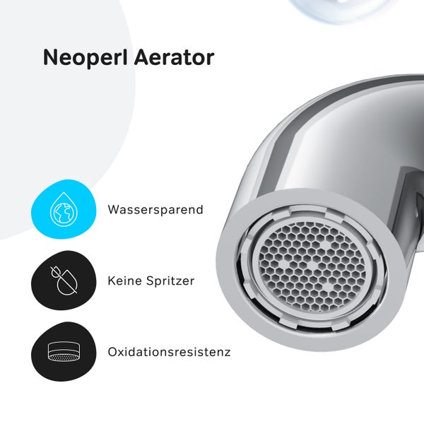 Neoperl Strahlregler für Wasserhahn mit wassersparender Funktion, Spritzschutz und Oxidationsbeständigkeit.