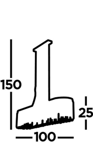 Abbildung der Maße einer Putzbürste mit einer Höhe von 150 mm, einer Breite von 100 mm und einer Tiefe von 25 mm