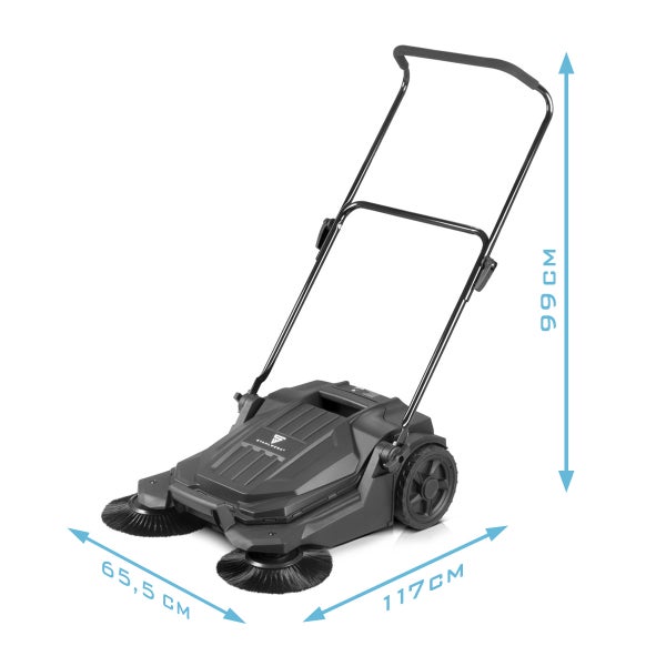 Kehrmaschine mit einer Höhe von 99 cm, einer Breite von 117 cm und einer Tiefe von 65,5 cm.