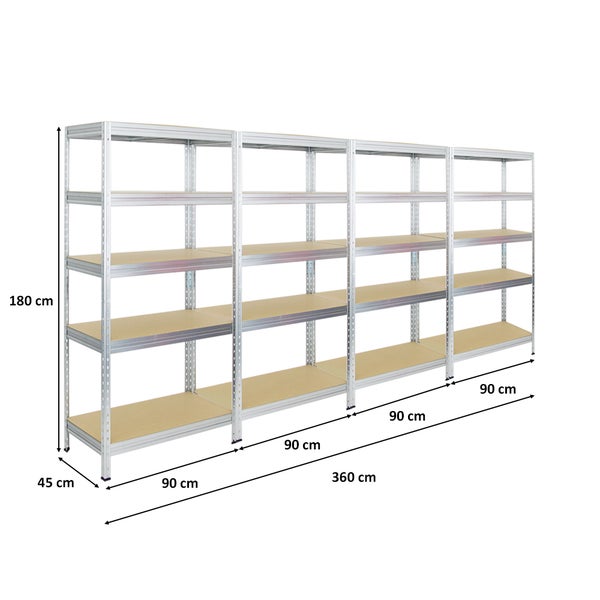 PROREGAL Mega Deal 4x Schwerlastregal Rivet HxBxT 180 x 90 x 45 cm Fachlast 250 kg Verzinkt