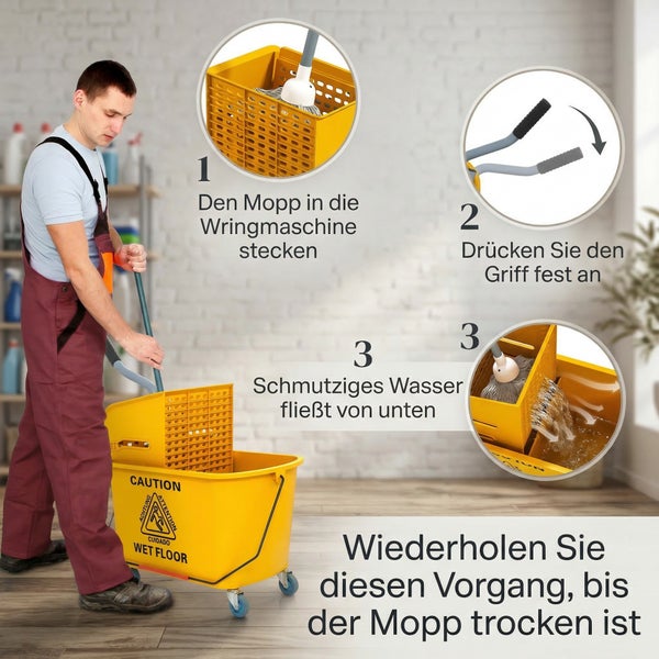 Anleitung zur Benutzung eines Bodenwischers mit Eimer und Wringvorrichtung für die Bodenreinigung.