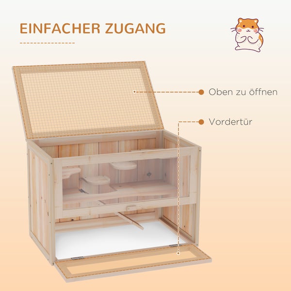PawHut Hamsterkäfig aus Holz für Zwerghamster Nagerkäfig Kleintierkäfig mit Gitterdach und Rampe, Nagarium Käfig 60 x 35 x 42 cm Naturholz