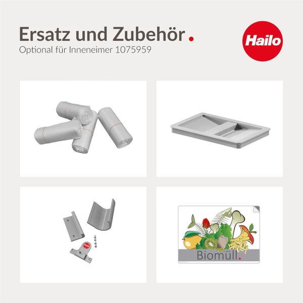 Hailo Ersatzteile und Zubehör für Mülleimer inklusive Müllbeutel, Deckel, Montagezubehör und Biomüll-Aufkleber.