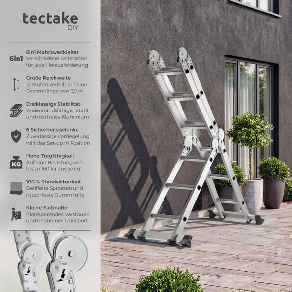Tectake 6-in-1 Mehrzweckleiter aus Aluminium und Stahl mit 12 Sprossen auf einer Terrasse, inklusive Tectake DIY Logo und Produktmerkmalen.