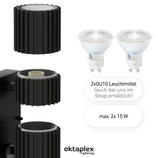 Oktaplex Para Wandlampe mit Bewegungsmelder Edelstahl 2xGU10 Fassung schwarz
