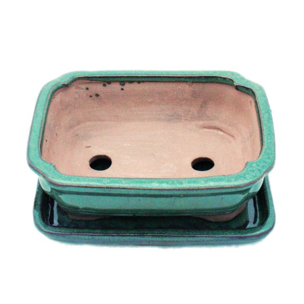 Rechteckige Bonsaischale aus Keramik mit Untersetzer