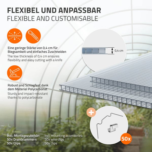 ECD Germany 14x Doppelstegplatten, 4mm Polycarbonat, 121x60,5cm, 10,24m², 50x Klammern + 50x Z-Clips, stoßsicher & UV-beständig, zuschneidbar, Klar Hohlkammerplatten, Gewächshausplatten Stegplatten