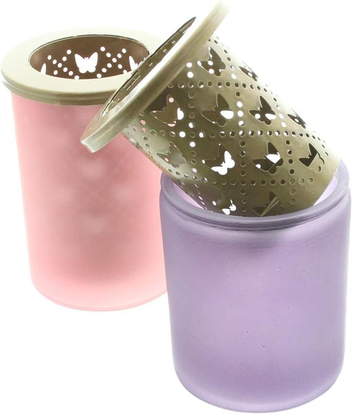 Dekoleidenschaft 2x Teelichthalter Schmetterling aus Glas, Violett & Rosa, 12 + 14 cm hoch, Windlichtglas, Teelichtglas