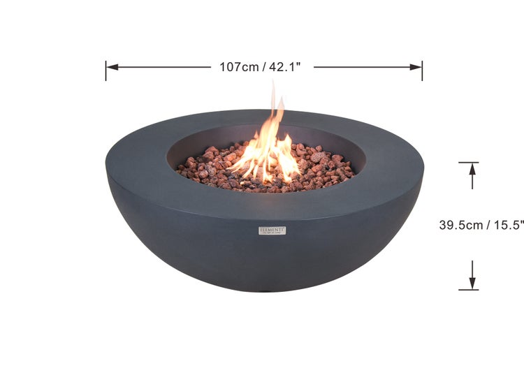 Runde Feuerstelle von Elementi mit Lavasteinen und Flamme, Durchmesser 107 Zentimeter, Höhe 39,5 Zentimeter.
