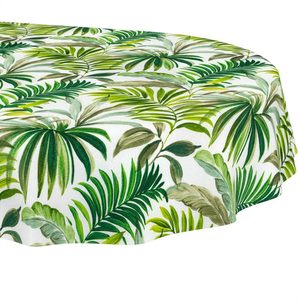 Tischdecke mit tropischem Blättermuster und Palmblättern.