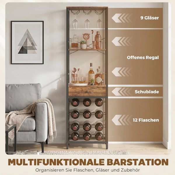 Multifunktionale Barstation aus dunklem Metall und Holz mit Glashaltern für 9 Gläser, offenen Regalen, einer Schublade und Weinregal für 12 Flaschen.