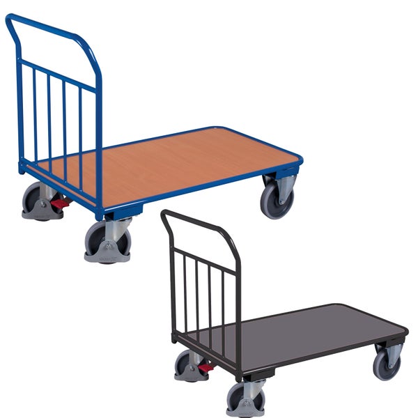 Blauer Plattformwagen mit Holzboden und schwarzer Plattformwagen mit grauer Fläche, beide mit Schiebebügel und Stahlrohrrahmen.