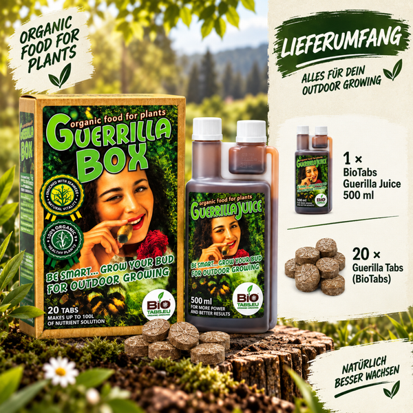 BioTabs Guerilla Box Set mit 500 Milliliter Guerilla Juice und 20 organischen Pflanzentabletten für gesundes Wachstum im Außenbereich