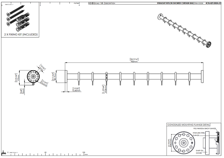 Technische Zeichnung einer geraden Duschvorhangstange aus Nylon mit Maßen, Befestigungssatz und Montagedetails. Länge 900 Millimeter.
