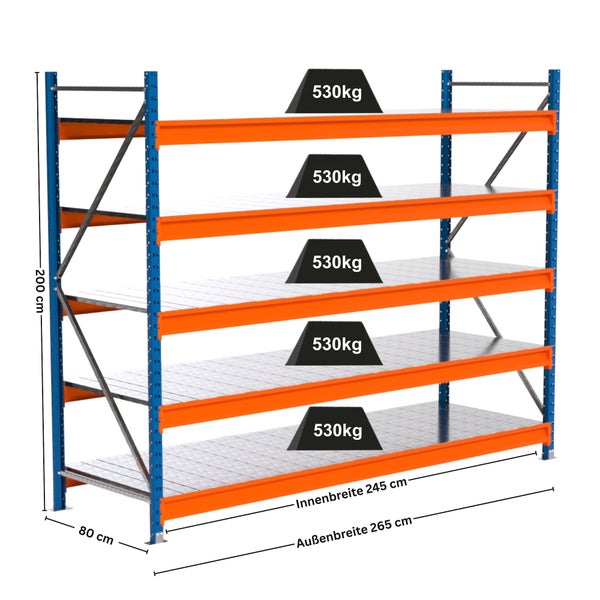 Schwerlastregal mit fünf Ebenen und einer Traglast von 530 Kilogramm pro Ebene