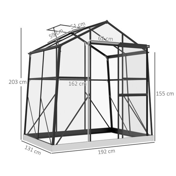Outsunny Gewächshaus Aluminium 131 x 192 x 203 cm Treibhaus 2,51 m² Tomatenhaus mit Fenster, Schiebetür, Fundament, Aufzucht Pflanzenhaus für Garten, Balkon, Schwarz