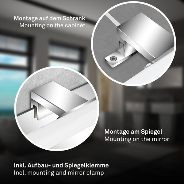 Spiegelleuchte mit zwei Montagearten: inklusive Klemme für die Montage auf dem Schrank oder direkt am Spiegel.