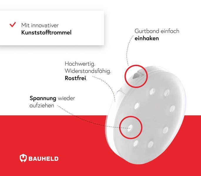 Infografik zeigt Gurtwickler Ersatzteil mit Kunststofftrommel, Haken für Gurtband und Spannmechanismus mit Bauheld Logo.