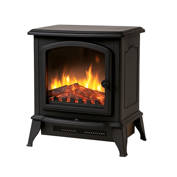 Freistehender Elektrokamin in Ofen-Optik mit realistischem Flammen-Effekt, glühenden Holzscheiten und schwarzem Gehäuse.