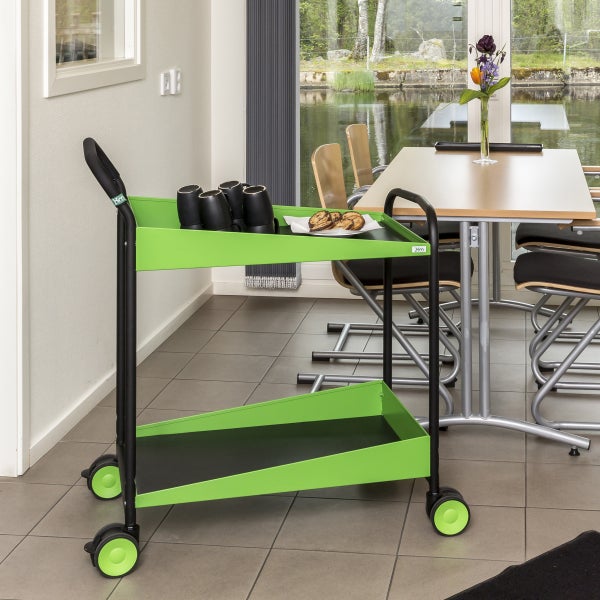 Servierwagen mit zwei Ablagen und Rollen in einem hellen Raum