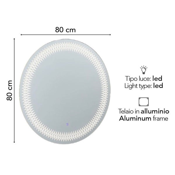 Runder LED Badezimmerspiegel mit Aluminiumrahmen, Durchmesser 80 Zentimeter, dekoratives Lichtmuster.