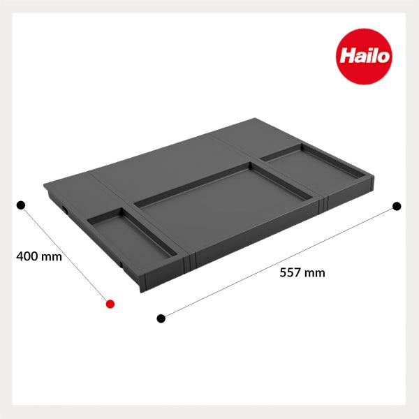 Hailo Schubladeneinsatz mit Fächern, Maße 400 Millimeter mal 557 Millimeter, Hailo Logo.