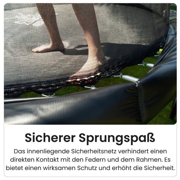 Detailaufnahme eines Trampolins mit Sicherheitsnetz und Füßen auf der Sprungfläche