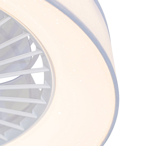 Detailaufnahme eines Deckenventilators mit kreisförmiger LED-Leuchte und Sternenhimmel-Effekt.