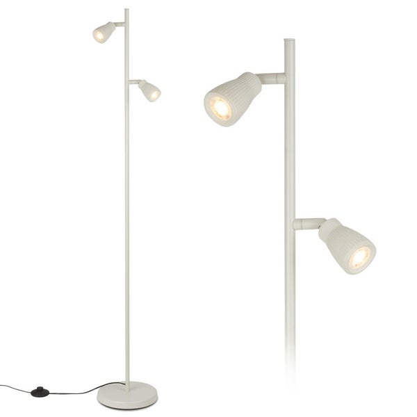 Moderne Stehlampe mit zwei schwenkbaren Leuchten und Fußschalter für warmweißes Licht.