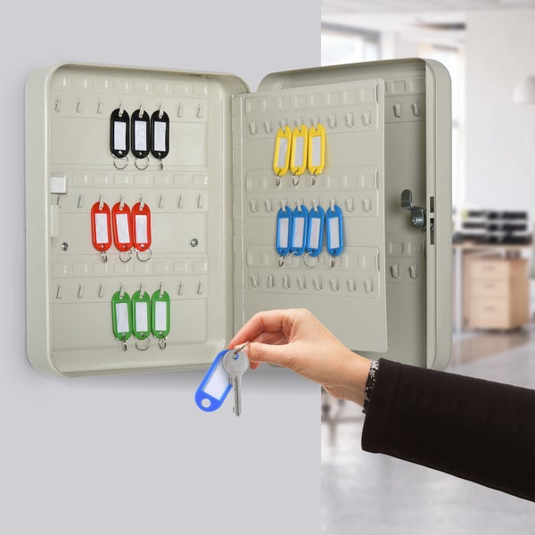 HOMCOM Schlüsselschrank Schlüsselkasten mit 93 Haken, Abschließbare Schlüsselbox aus Stahl, inkl. Befestigung, Cremeweiß, 30 x 24 x 7,5 cm