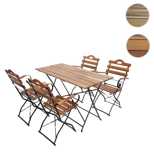 Gartengarnitur mit einem Tisch und vier Stühlen aus Holz und Metall