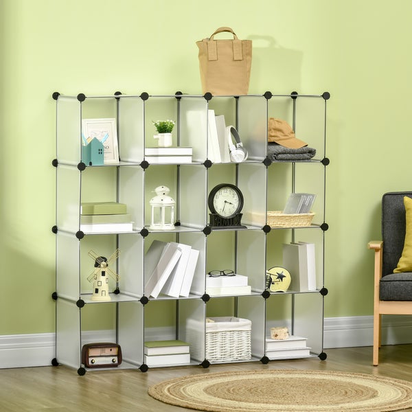 HOMCOM DIY Regalsystem mit 16 Würfeln stapelbar DIY-Würfelregal Kleiderschrank Aufbewahrungsregal Standregal Schuhregal von Büchern Spielzeug Schuhen aus Kunststoff Stahl Weiß 125 x 32 x 125 cm