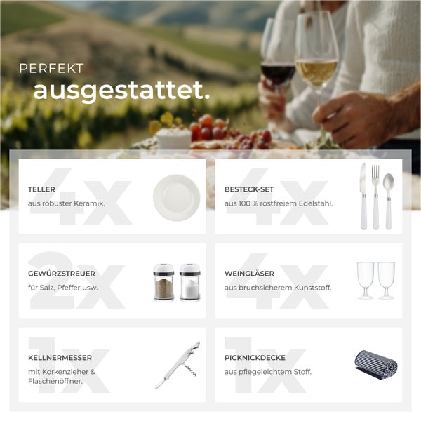 Picknick-Set mit Tellern, Besteck, Gewürzstreuern, Weingläsern, Kellnermesser und Picknickdecke