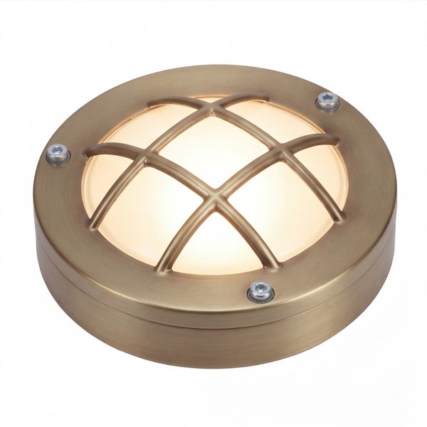 Runde LED Außenwandleuchte aus Metall mit Schutzgitter und satiniertem Glasdiffusor für eine gleichmäßige Lichtverteilung.