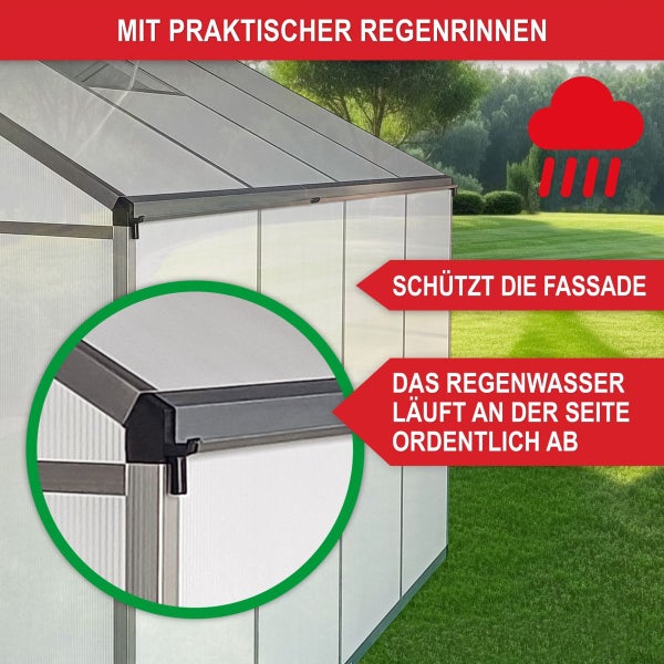 Detailansicht eines Gewächshauses mit integrierter Regenrinne zur Ableitung von Regenwasser und zum Schutz der Fassade.