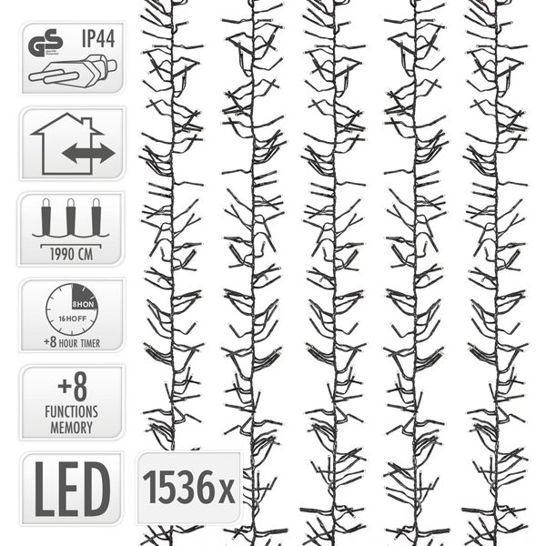 LED Lichterkette mit 1536 LEDs, 1990 Zentimeter Länge, für Innen- und Außenbereich geeignet, mit Timer und 8 Funktionen mit Memoryeffekt.