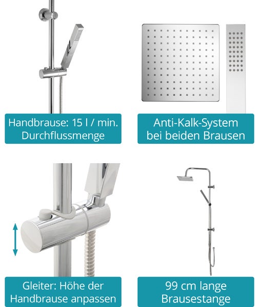 Calmwaters® Duschsystem Chrom, mit Regendusche & Handbrause, Stab-Handbrause & Kopfbrause, Anti-Kalk Regendusche, Duschgarnitur mit Wandstange und Gleiter, 20DP6156